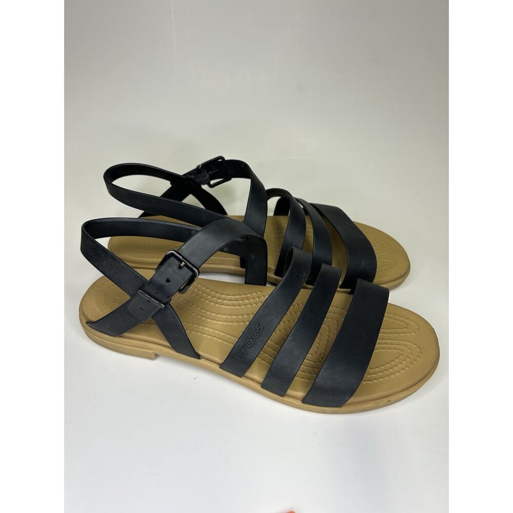 Crocs Tulum Women’s 8 Black Tan Strappy Sandals Summer Beach Sandals